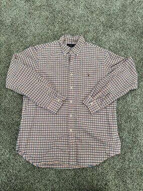Ralph Lauren Button Down Shirt Mens Large Blue Orange Check Pony Logo LongSleeve
